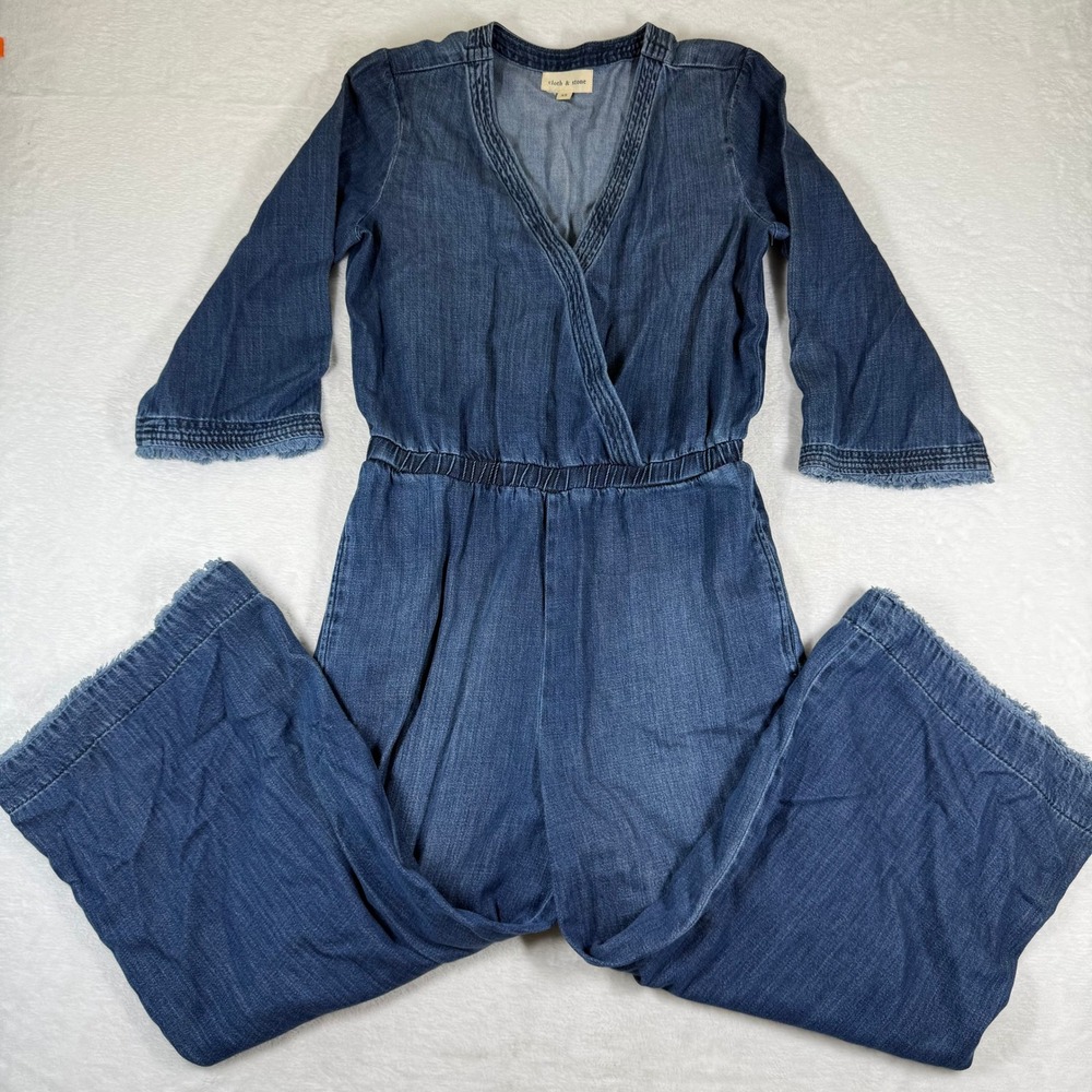 Cloth & Stone Blue Tencel Surplice Wide Leg Jumpsuit XS Frayed Hem 3/4 Sleeve